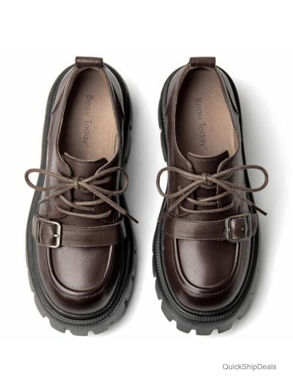 Leather Platform Oxfords Women Chunky Lug Sole Lace Up Dress Shoes 2.72" Heel